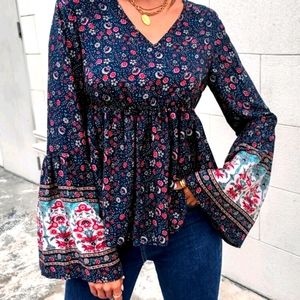 Floral Print Flounce Sleeve Peplum Blouse